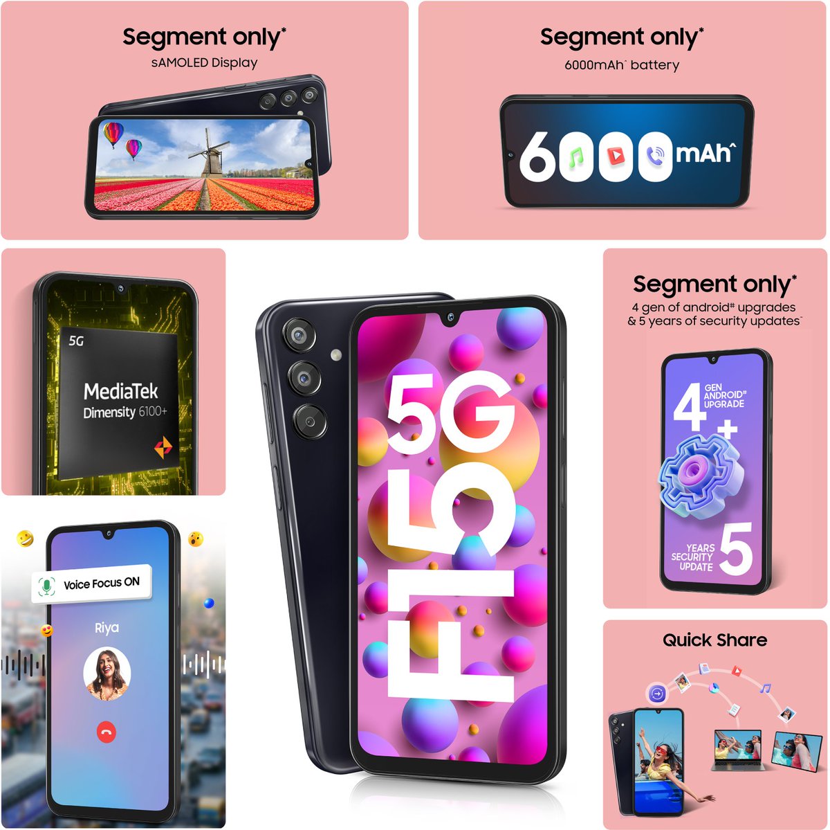 AdiraTech's tweet image. Unleash power with SAMSUNG Galaxy F15 5G! 🚀 6GB RAM, 128GB ROM (expandable to 1TB), 6.5&quot; Full HD+ display, 50MP + 5MP rear, 13MP front camera, MediaTek Dimensity 6100+ processor, 6000mAh battery. Elevate your mobile experience! #SamsungGalaxyF15 #5G #Innovation