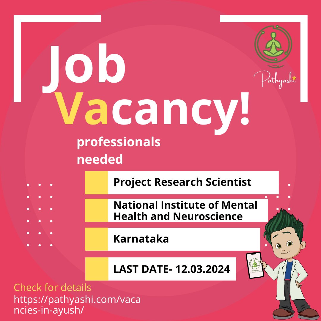 For regular updates in Ayush vacancies/courses
Visit: pathyashi.com/vacancies-in-a…
#ayush #vacancies #Ayurveda #projectresearch #projectscientist #jobs #jobsvacancy #karnataka #pathyashi