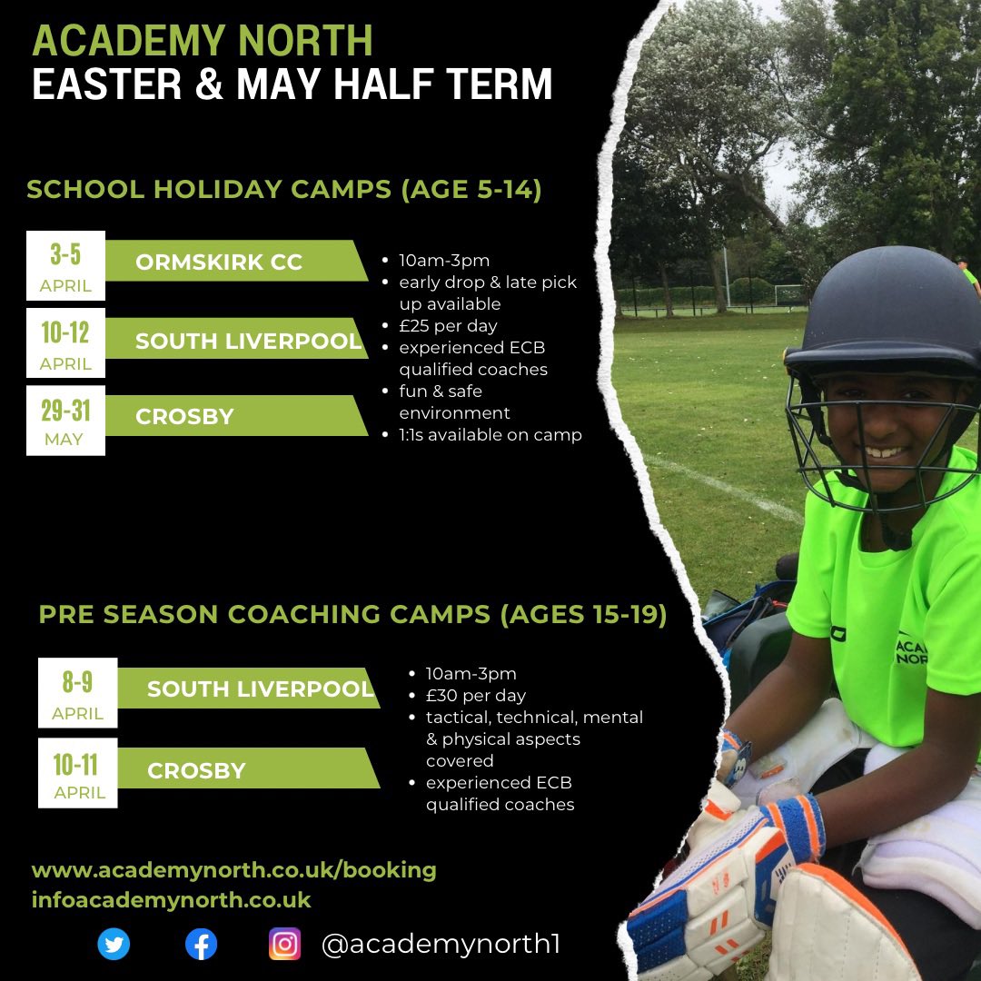 🏏 EASTER & MAY SCHOOL HOLIDAYS 🏏 school holiday camps (age 5-14) 🏏 pre season masterclasses (age 15-19) 🏏 bookings now open! 🏏 academynorth.co.uk/booking