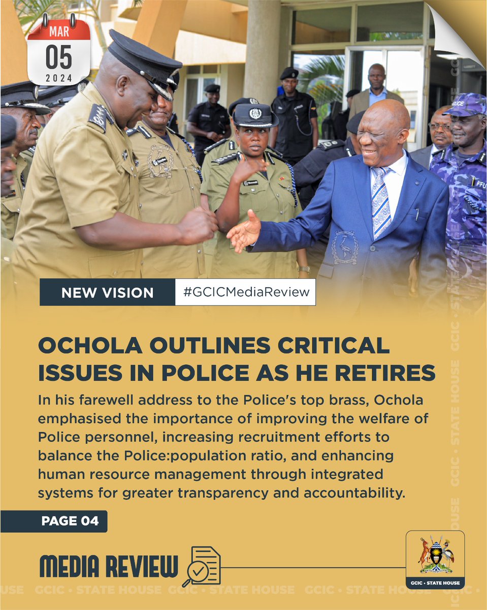 #GCICMediaReview
✔️ President Museveni awards brave bodaboda rider Nalubaale medal.
✔️ Ochola outlines critical issues in police as he retires.
✔️ NSSF hits Ugx20trillion in funds. 
✔️ President Museveni mourns former Tanzanian leader.
#OpenGovtUg