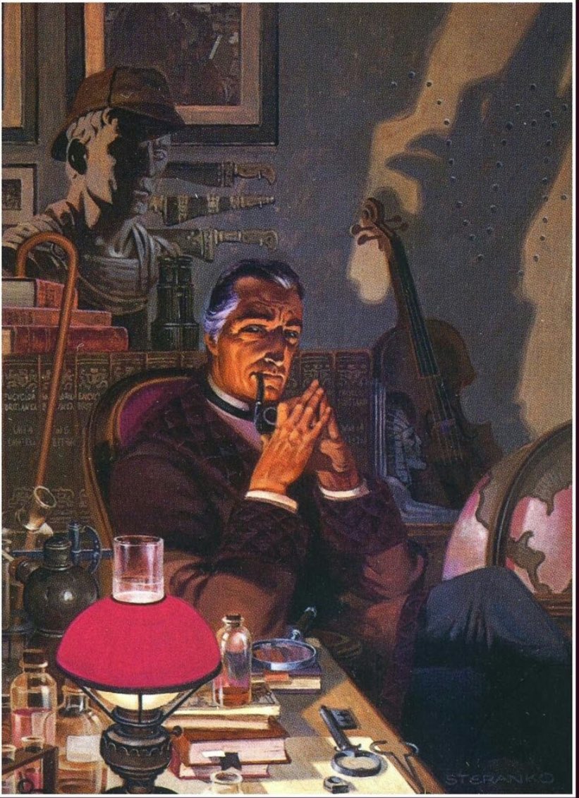 Wonderful artwork of Sherlock Holmes I particularly like the shadow of his hands on the wall depicting a Hound very clever