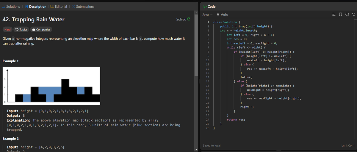 tara_prasada's tweet photo. #leetcode  
topic: Trapping Rain Water 
Level: Hard
 #DSAeveryday #Coding #CodingJourney #connect #100DaysOfCode #developer #buildinginpublic #CodingChallenge https://t.co/2b2JulKU7x