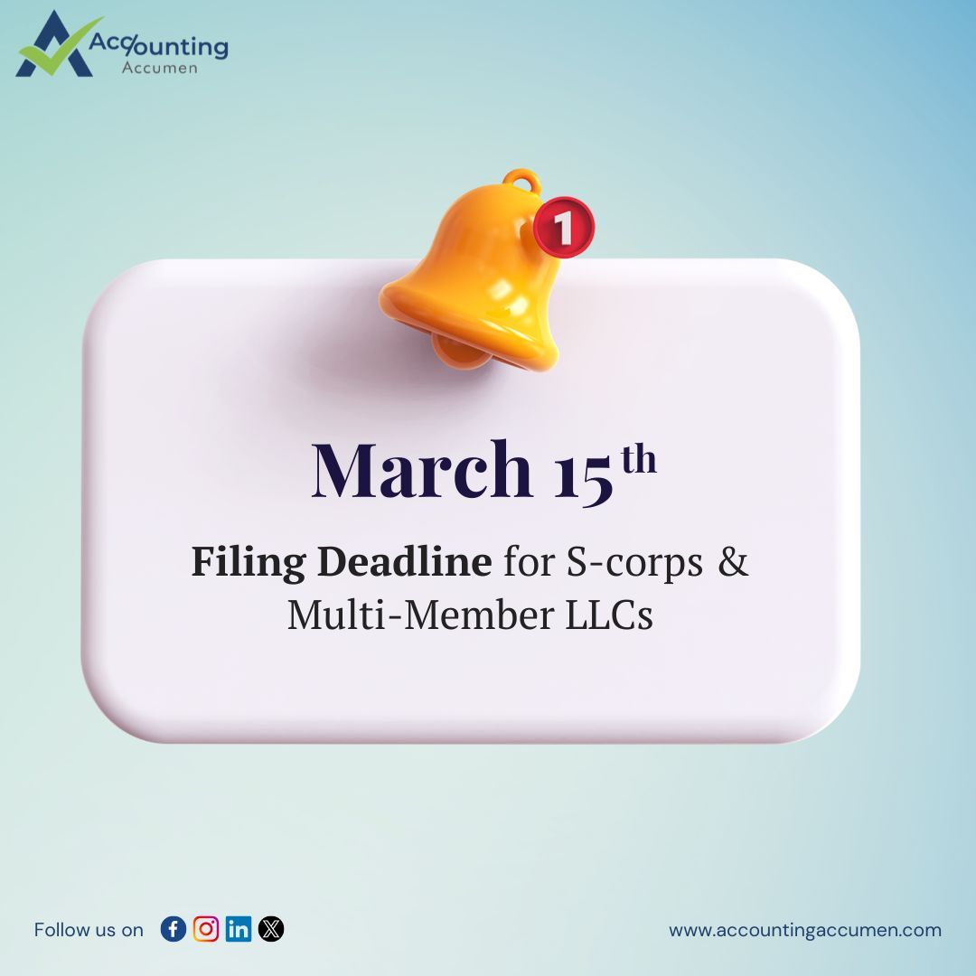 Attention S-corps and multi-member LLCs! 📣 Don't forget, March 15th is the deadline to file your tax returns or request an extension. Stay on top of your financials and avoid penalties. #TaxDeadline #BusinessOwners #AccountingAccumen