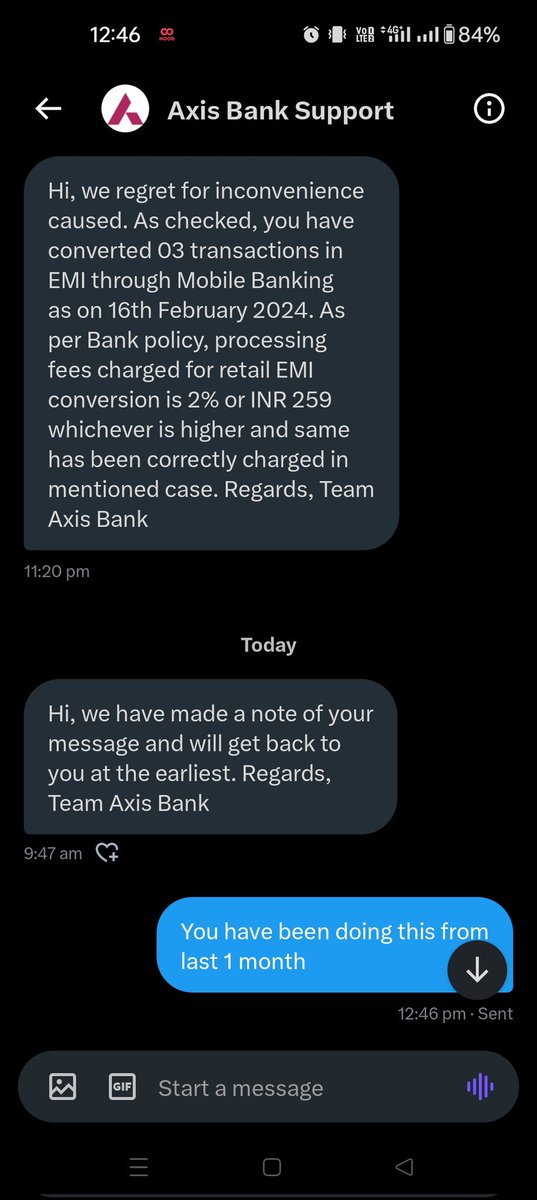 TwinkleKejriwal's tweet photo. @AxisBankSupport @AxisBank @RBI @FinMinIndia Now again they have raised a ticket, and messaged me on personal chat and not here..They have been doing this from last 1 month https://t.co/S6Rl15ZJwC