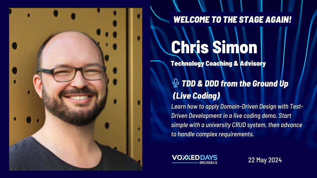 We're thrilled to have @ChrisSimonAu return to our stage! 🎙️ Curious about #DomainDrivenDesign (DDD)? Chris will guide you through seamlessly integrating DDD with #TestDrivenDevelopment (TDD) from the start: brussels.voxxeddays.com/talk/?id=2502

#VoxxedDaysBrussels