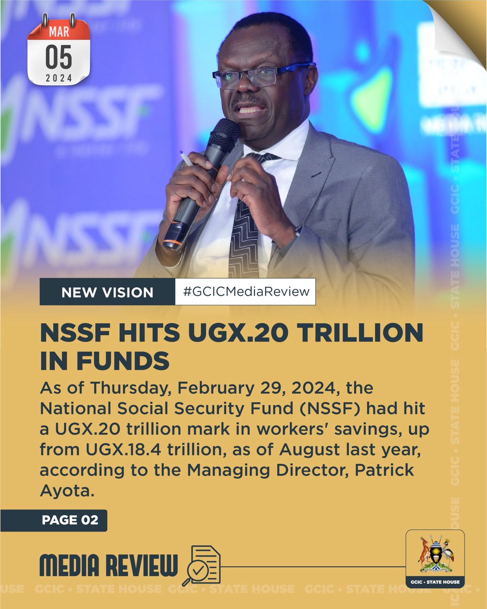 Joellah Anshemeza (@joellah_kagina) on Twitter photo As of Thursday, February 29, 2024, <a href="/nssfug/">NSSF Uganda</a> had hit a Ugx 20 trillion mark in workers' savings, up from Ugx 18.4 trillion, as of August last year, according to the MD, <a href="/AyotaPatrick/">Patrick Ayota</a>. #GCICMediaReview #OpenGovUg As of Thursday, February 29, 2024, <a href="/nssfug/">NSSF Uganda</a> had hit a Ugx 20 trillion mark in workers' savings, up from Ugx 18.4 trillion, as of August last year, according to the MD, <a href="/AyotaPatrick/">Patrick Ayota</a>. #GCICMediaReview #OpenGovUg