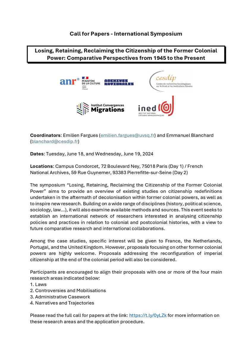 Only 10 days left to submit your presentations for our symposium in Paris, June 18-19, 2024, focusing on 'Losing, Retaining, Reclaiming the Citizenship of the Former Colonial Power.' 🌍📝 Details: t.ly/0yLZk Join the conversation! #Citizenship #Decolonisation