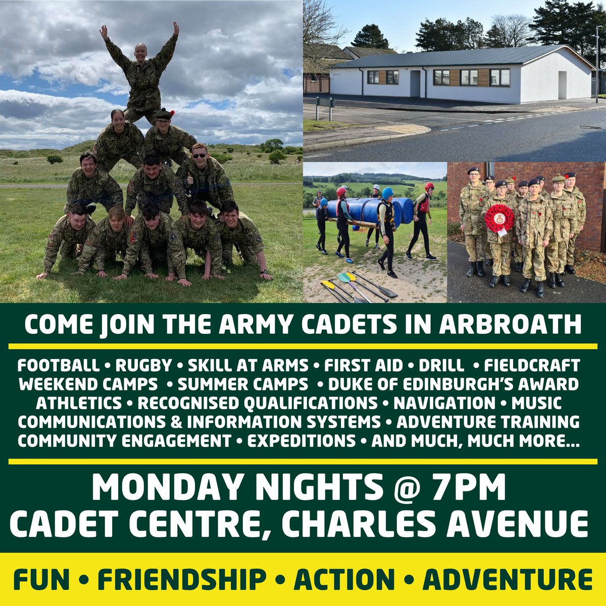 The #ArmyCadets in #Arbroath are now recruiting. Anyone from @ArbroathHigh or @ArbroathAcad interested in joining, come along to the Cadet Centre, Charles Avenue on Monday nights from 7pm. @anguscouncil #goingfurther #recruitment #angus