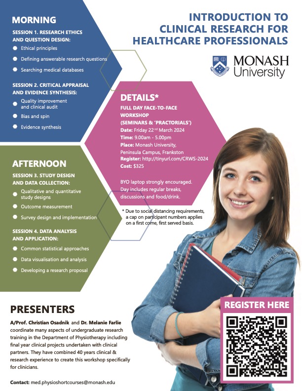 **Registrations closing soon** Our highly popular 1-day face-to-face 'Introduction to Clinical Research for Healthcare Professionals' workshop is fast approaching with limited spaces left. Suitable for all HCPs, no research experience req'd. Register 👉 shop.monash.edu/introduction-t…