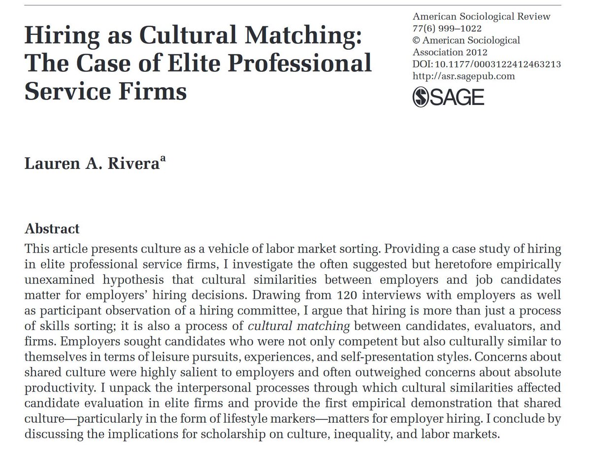 Hiring for cultural fit just means hiring yourself. Interviewers judge fit by comparing candidates to themselves. The paper shows candidates at elite law, banking & consulting firms are 'good fits' if they have similar hobbies, styles & college experiences as their interviewers