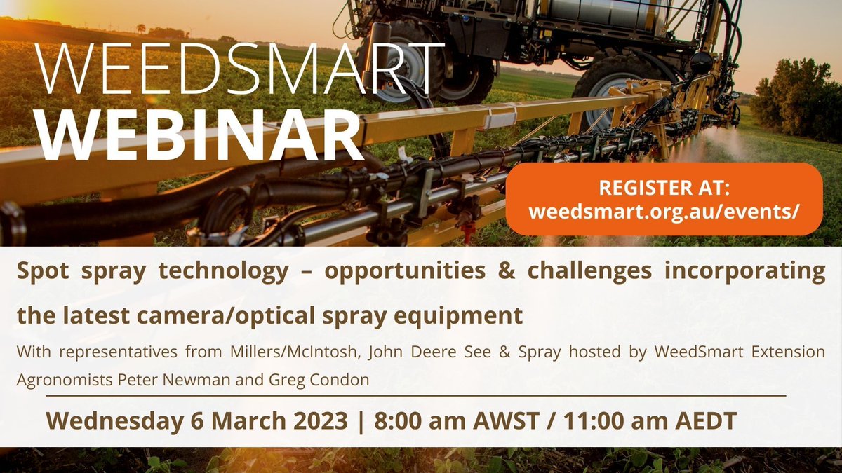 TOMORROW ⏰ Join us for our webinar, where we'll discuss the challenges & opportunities of spot spray tech and incorporating it into the cropping program 🌾 📅 Wednesday 6 March at 8:00 am AWST/11am AEDT Register ➡️ buff.ly/3w7PD5U