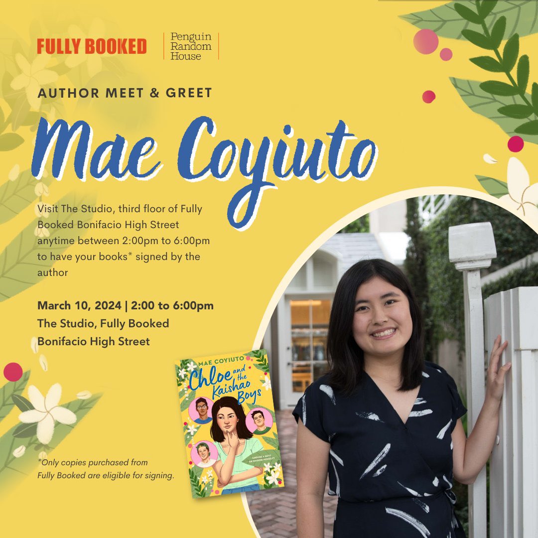 This Sunday, March 10th, I'll be signing copies of Chloe and the Kaishao Boys at <a href="/_FullyBooked/">Fully Booked</a> BGC! 

Drop by The Studio on the third floor anytime from 2-6PM 👋 So excited to see you all there 💛 Link in bio to RSVP!