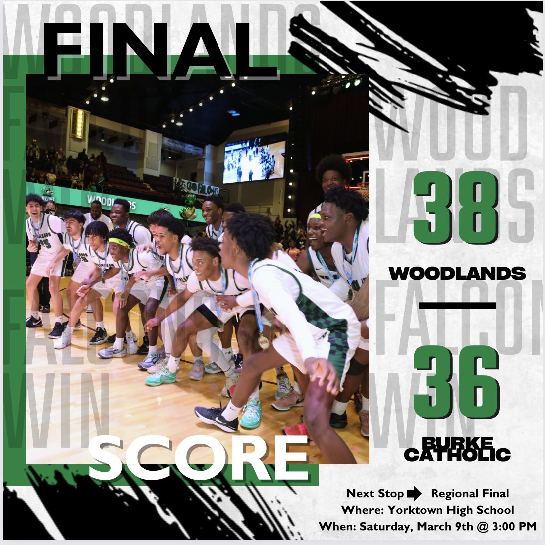 AND THE FALCONS WIN!!! 

Congratulations to Our Boys Basketball Team on Their Win Over Burke Catholic Tonight!!

The Journey Continues at Yorktown HS, Saturday March 9th at 3:00 PM