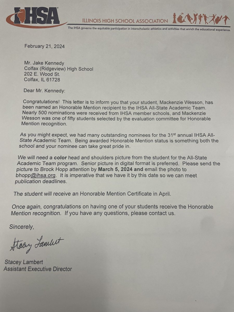 I am very honored and humbled to be named Honorable Mention to the IHSA All-State Academic Team this year! I was one of 50 selected out of nearly 500 applicants. Thank you to my AD for nominating me, my school for giving me this opportunity, and the IHSA selection committee!!