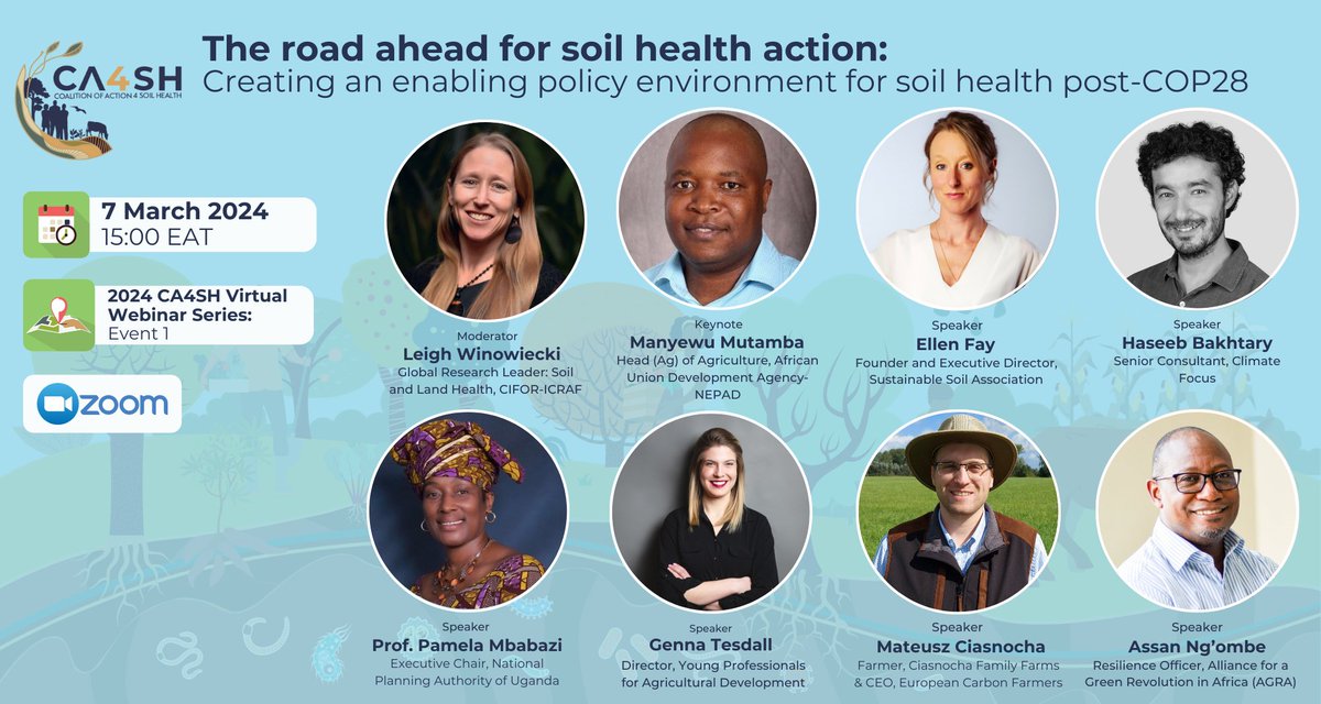 Join me at the @ca4sh_global webinar series to discuss #SoilHealth policy post #COP28UAE
🗓️7 March 2024 ⏲️15:00-16:30 EAT
Learn more &amp; register✍️ tinyurl.com/mrwktyc3

We will discuss with key policy actors who have led the way in integrating soil health into policy.