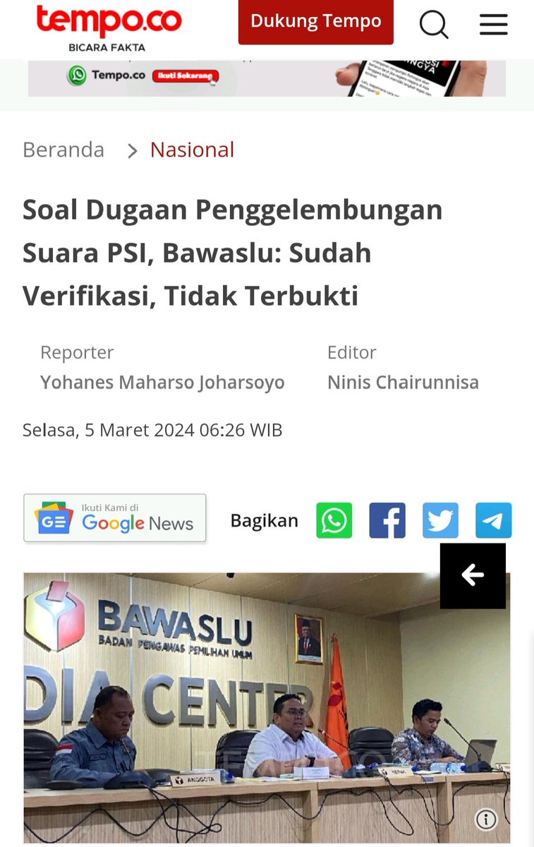 “Dugaan penggelembungan suara PSI tidak terbukti. Ada beberapa yang kita verifikasi tidak terbukti. Kemudian kita verifikasi ke lapangan misalnya ada di Cilegon, terselesaikan, ada di sosial media kan? Ada juga di Jawa Tengah yang sudah selesai secara berjenjang, sudah