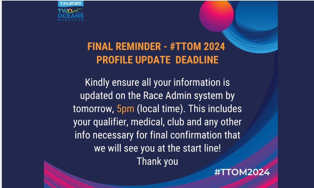 2OceansMarathon's tweet image. 𝐏𝐑𝐎𝐅𝐈𝐋𝐄 𝐔𝐏𝐃𝐀𝐓𝐄 𝐃𝐄𝐀𝐃𝐋𝐈𝐍𝐄 – Kindly ensure that all your required profile info is uploaded to the Race Admin Entry system by 6 March, 5pm (local time).

Click on Race Admin System link in bio.
087 133 2285 | info@twooceansmarathon.org.za
#StartLine #TTOM2024