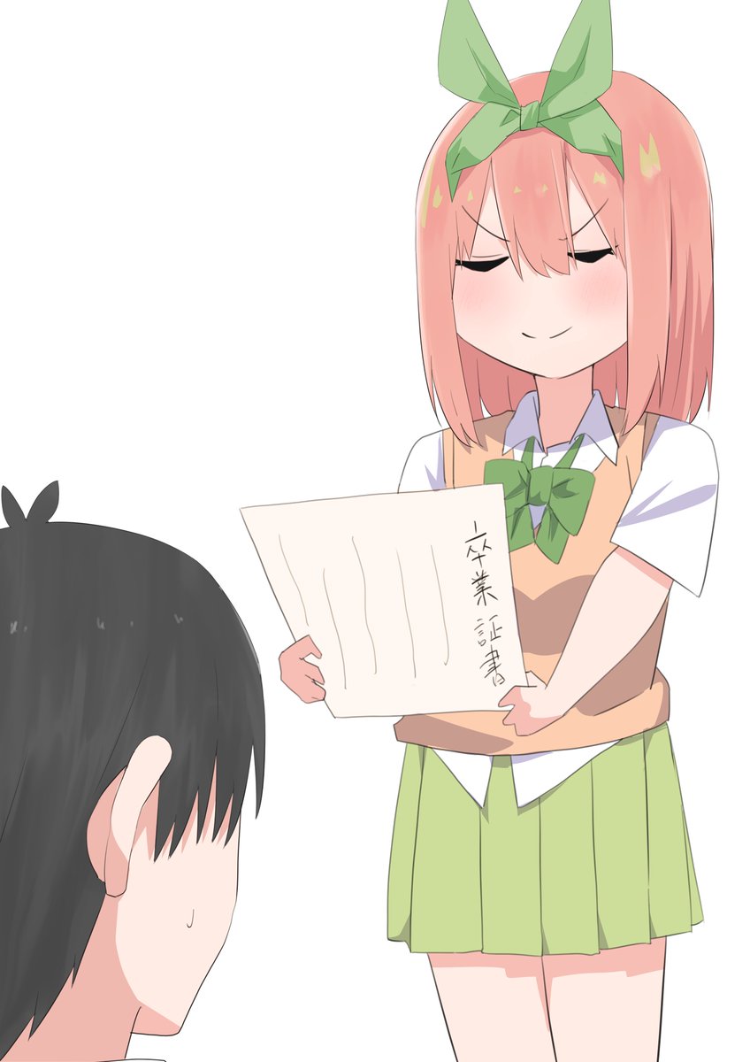 nakano yotsuba ,uesugi fuutarou 1girl green ribbon eyebrows hidden by hair shirt 1boy pleated skirt white shirt  illustration images