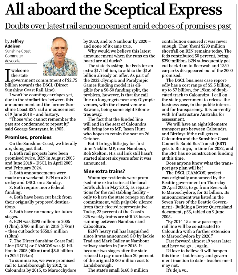 Jeffrey_Addison's tweet photo. My latest OpEd  Wed 6 Mar 2024
#SunshineValleyGazette, News p9
All Aboard the Sceptical Express: 
Doubts over latest rail announcement amid echoes of promises past.
#qldpol #transport #infrastructure #SunshineCoast #publictransport #rail #b2n #dscl #camcos https://t.co/IwrdICdF79