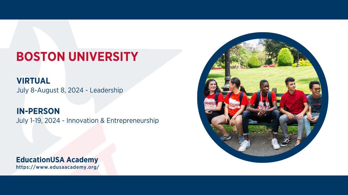 📷 Join #EducationUSA Academy this summer, in-person or virtually, to build your knowledge of U.S. higher education with @BU_Tweets. Course topics include innovation, entrepreneurship, and leadership. Learn more 📷 edusaacademy.org.