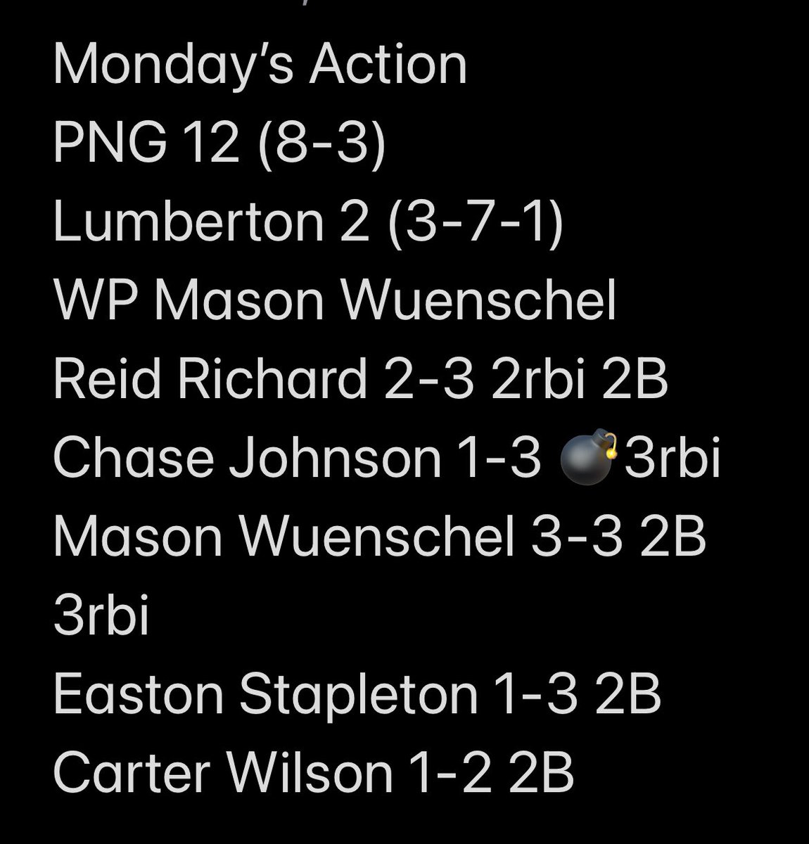 MCBabeRuth3's tweet photo. Monday’s Action 
@PNG_baseball 12
Lumberton 2
@mwuenschel9 @Reid_Richard24 @Johnson_Chase9 @easron33 @CarterWilson21 https://t.co/CgZxb5gEtE
