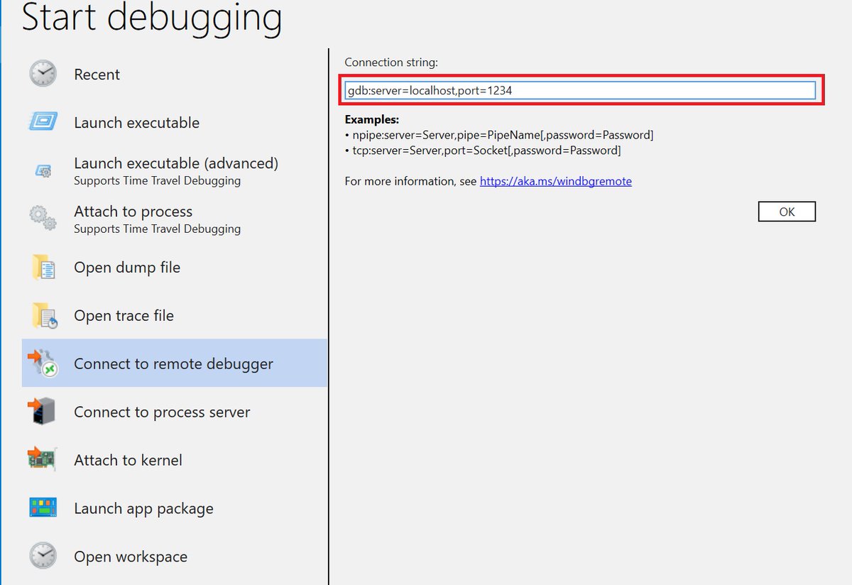 If you've ever wanted to live debug user mode Linux processes (e.g.: in WSL) from WinDbg, with 1.2402.24001.0, you can!  Start up a gdbserver in WSL (e.g.: gdbserver localhost:1234 ./vim) and connect to it via WinDbg's "Connect to remote debugger"