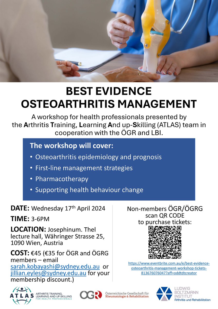Join us for an in-person Best Evidence Osteoarthritis Management Workshop for health professionals managing people with osteoarthritis. 

eventbrite.com.au/e/best-evidenc…
