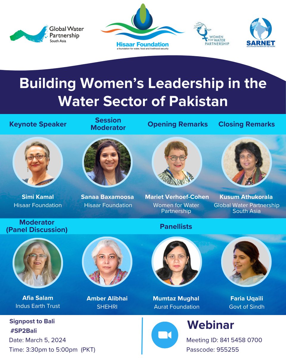 Global Water Partnership South Asia (GWP SAS) (@gwpsas) on Twitter photo #sp2bali webinar is TODAY!
Join and learn from the discussion of female water leaders as they discourse women’s leadership in water and climate landscape of Pakistan.
Zoom Link:
us02web.zoom.us/j/84154580700...
#IWD2024
<a href="/GWPnews/">Global Water Partnership</a> <a href="/AsiaSarnet/">South Asia Rainwater Harvesting Network(SARNET)</a> <a href="/WfWPartnership/">WomenforWater</a> <a href="/HisaarF/">Hisaar Foundation</a> #sp2bali webinar is TODAY!
Join and learn from the discussion of female water leaders as they discourse women’s leadership in water and climate landscape of Pakistan.
Zoom Link:
us02web.zoom.us/j/84154580700...
#IWD2024
<a href="/GWPnews/">Global Water Partnership</a> <a href="/AsiaSarnet/">South Asia Rainwater Harvesting Network(SARNET)</a> <a href="/WfWPartnership/">WomenforWater</a> <a href="/HisaarF/">Hisaar Foundation</a>