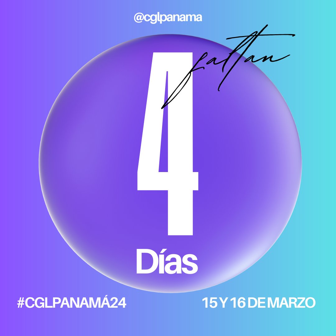 ¡Conteo regresivo... Faltan 4 días!
Puede inscribirse en este link 📷 bit.ly/3tsqKjZ
Para mayor información comunícate al WhatsApp 507-63019148
¡No dejes pasar esta oportunidad!
#conteoregresivo #sélíderdondeestés #CGLPTY24 #liderazgo #cglpanamá24 #Panamá #panama2024
