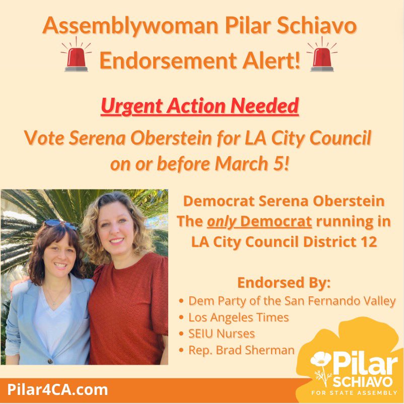 🚨URGENT ACTION NEEDED🚨 Live in Northridge, Granada Hills, Chatsworth, Porter Ranch or West Hills? VOTE Serena Oberstein, the ONLY DEMOCRAT running for City Council and endorsed by @latimes, Nurses & Teachers. We’ve got 24 hrs to flip #CD12 for the first time in 70 yrs! 🧡👊🏼