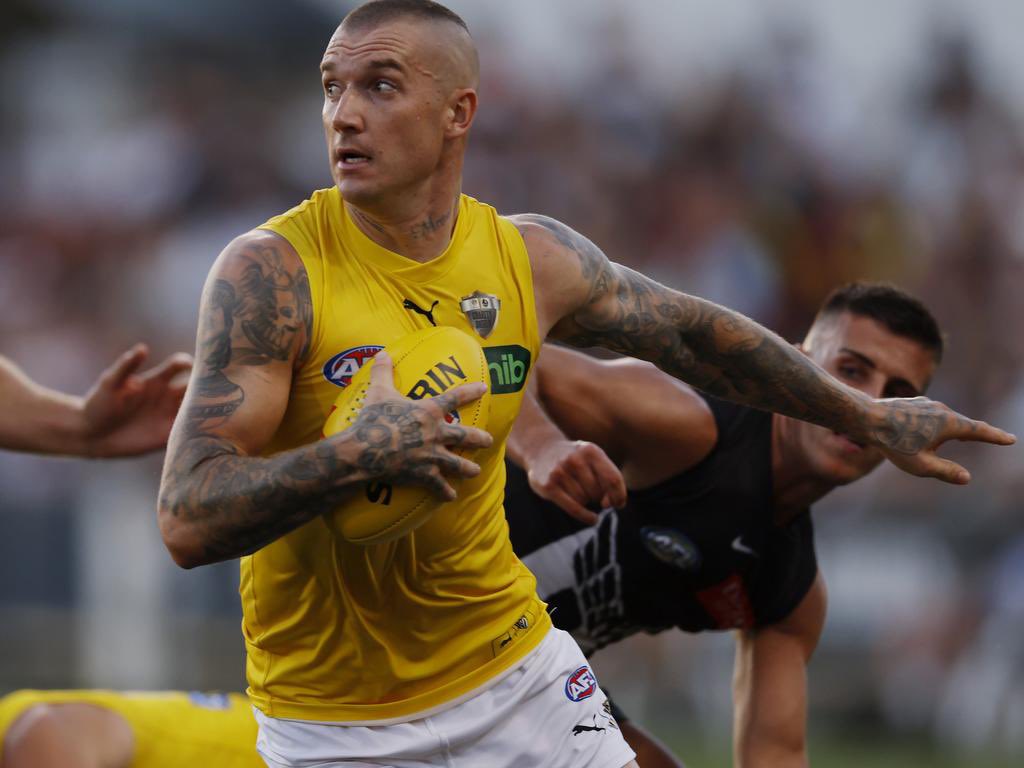 At this stage Dusty Martin looks less likely to play against Gold Coast after a kick to the calf. The details here 👇 Why the Tigers could err on the side of caution even if he trains on Thursday heraldsun.com.au/sport/afl/team…