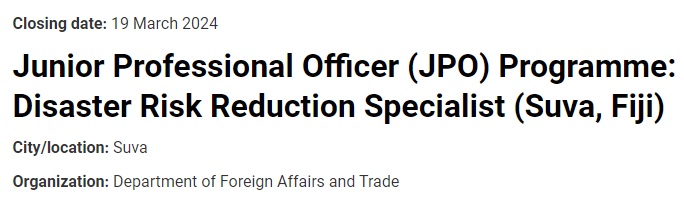 UNDRR_AsiaPac's tweet photo. 📢 Vacancy: Join our fantastic team in Suva, #Fiji as a Junior Professional Officer - Disaster Risk Reduction Specialist. This position is part of Australia’s 🇦🇺 generous support to UNDRR. ➡️ More information about the role, eligibility and how to apply: https://t.co/bmSo947AOm https://t.co/ZAQEPX0FYG