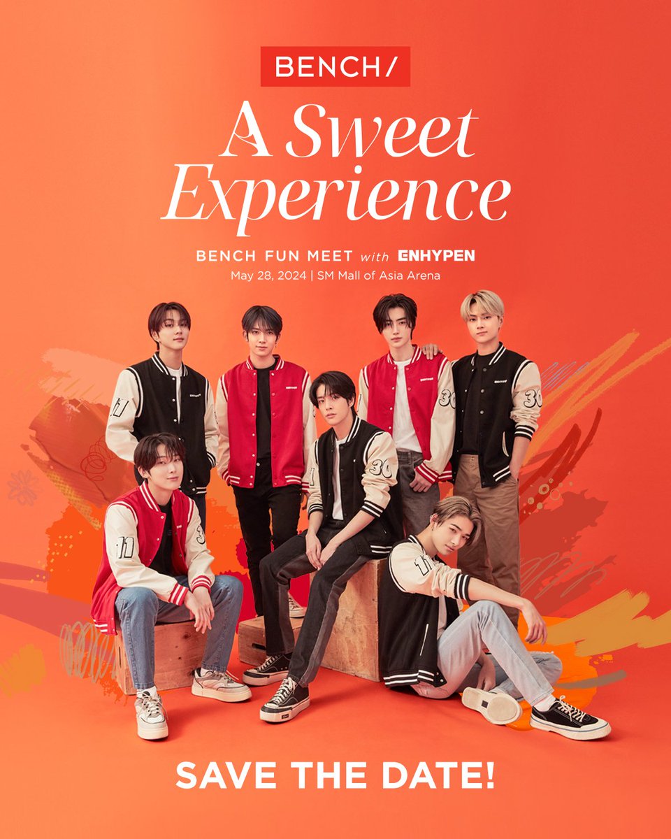 AsiaEnhypen's tweet photo. INFO | 240305

ENHYPEN will hold their BENCH Fanmeet at SM Mall of Asia Arena on May 28 this year! Mark the date on your calendars, Filo ENGENE! 🧡

#ASweetExperienceWithBENCH #BENCHandENHYPEN #GlobalBENCHSetter #ENHYPEN @ENHYPEN @ENHYPEN_members https://t.co/lBW4tfRTFz