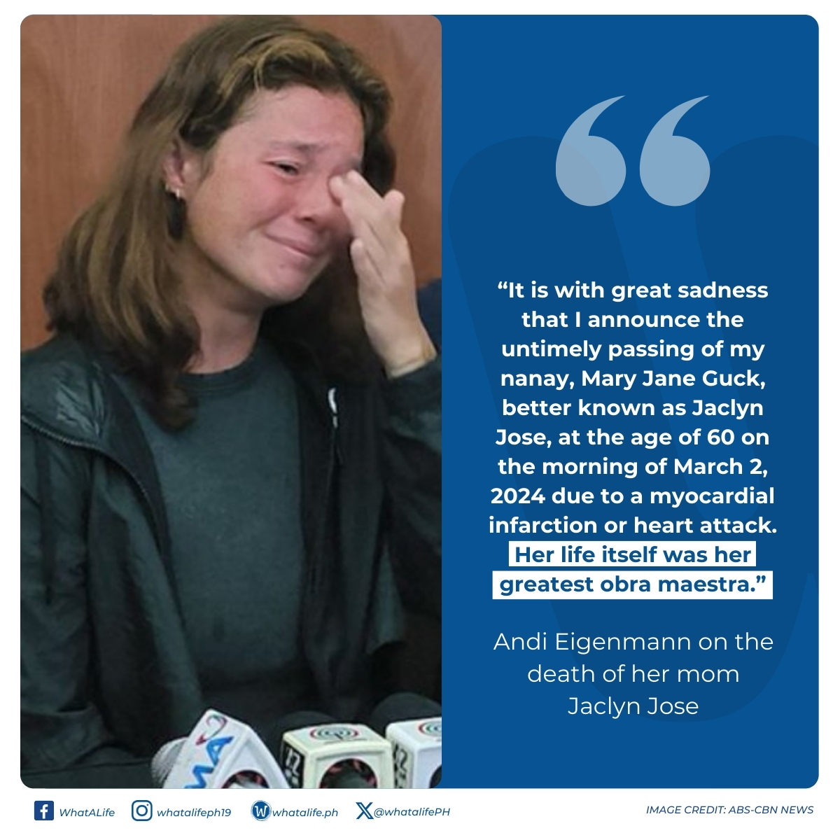 With a heavy heart, Andi Eigenmann announces the cause of her beloved mother, Jaclyn Jose's, passing.

READ full story here: whatalife.ph/andi-eigenmann…

#JaclynJose #AndiEigenmann