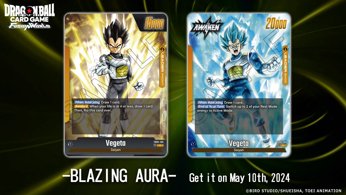 Fusion World Booster Pack FB02 -BLAZING AURA- Card Reveals] Today's reveal  is a Yellow Leader card, Vegeta! Check it out! Release: May 10th, 2024!  Details: https://t.co/yQAs2wr2Xo Stay tuned for more reveals! #dbfw #