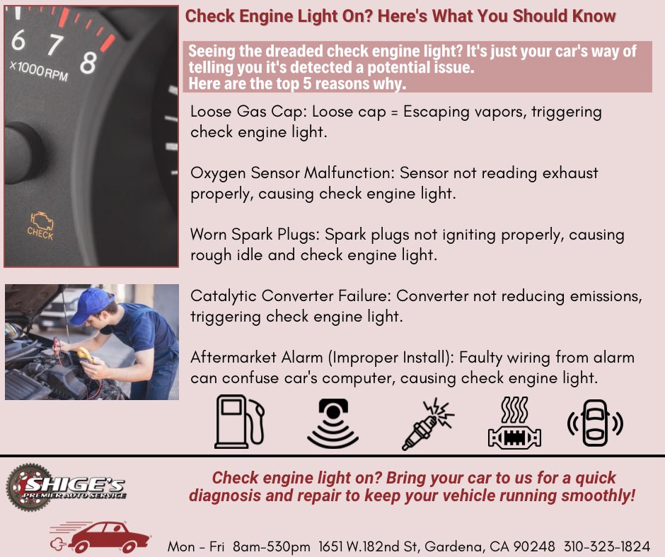 Seeing your check engine light on? Don't panic! Our experienced technicians can diagnose the issue and get you back on the road. Stop by today! shigespremier.com #autorepair #MondayMood #helpfultips