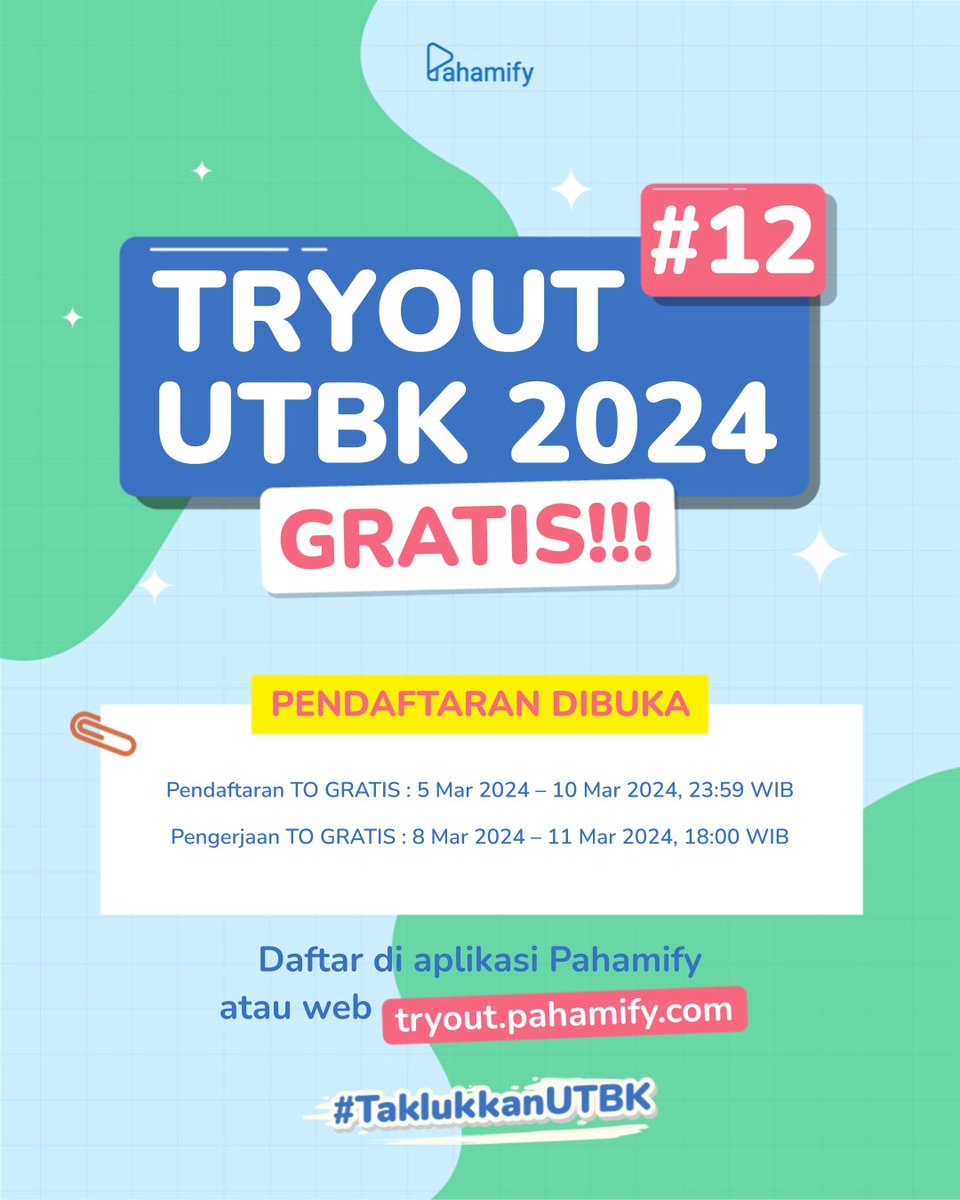 pahamify's tweet image. 🎊TO GRATIS: Pendaftaran TO UTBK 2024 #12 Gratis DIBUKA!🎊

📆Pendaftaran: 5-10 Mar'24
✏️Pengerjaan: 8-11 Mar'24

🥇TO PALING UPDATE mengikuti kisi-kisi Kemdikbud BP3 7 SUBTES.
⭐Udah ada tipe soal isian singkat loh!

Cara daftar GRATIS di sini ⬇️