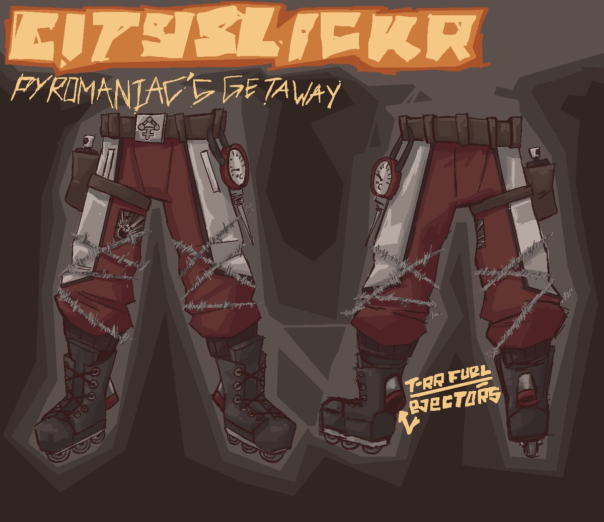 Additionally, the CitySlickr BladeBoots™ come with T-RR brand fuel ejectors, dispensing tons of hydrophlogiston to slip up pursuers! (which, for the sadists, is EXTREMELY flammable.)

Furthermore, the trousers are flameproof, cutproof and cushioned to ensure customer satisfactio