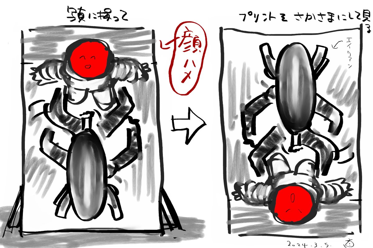 はるかな昔、SF大会用に、
『エイリアンと
エイリアンに襲われる宇宙服を着た乗組員』
の 顔ハメ を作ったことがあった(前日、宿泊先のホテルの部屋で仕上げた。
会場では眉村卓さんが顔ハメで乗組員を演じてくれた。