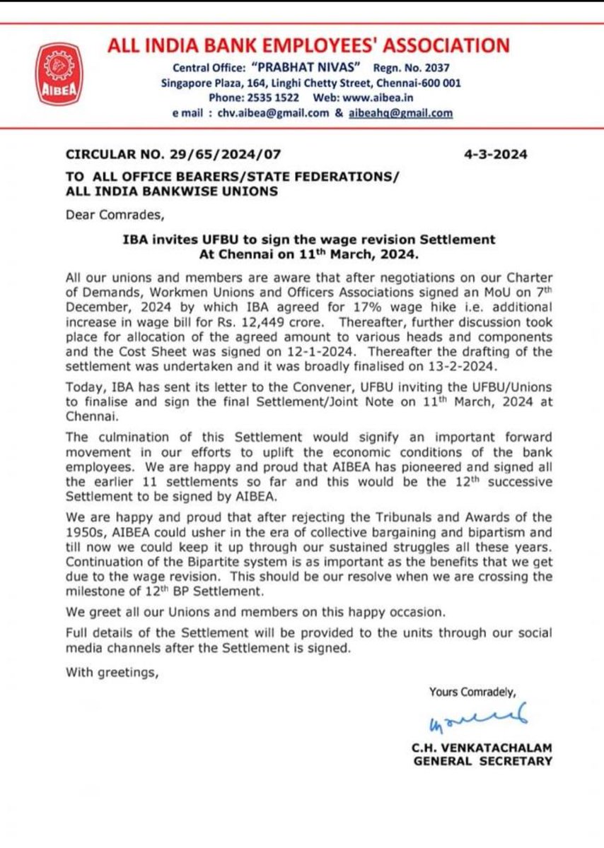 Seems AIBEA has taken it's stand for signing 12th Bipartite without #5DaysBanking 
Those who r in banking prior to 2010 know very well what happened with the same issue then, those who weren't can ask their seniors. Chv led workman union backstabbed then &amp; they might backstab now