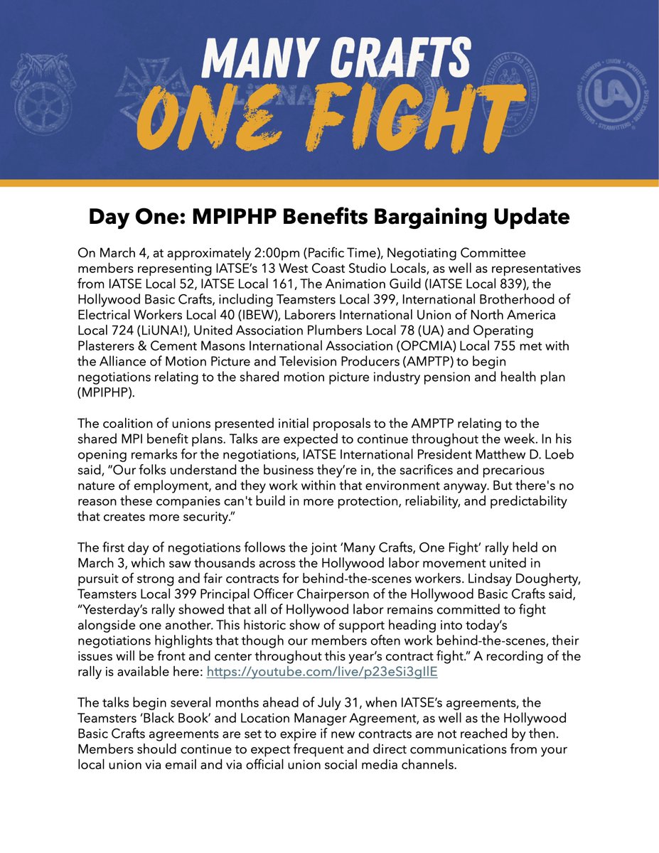 🚨 IATSE AND HOLLYWOOD CRAFTS PRESENT INITIAL PROPOSALS TO AMPTP REGARDING SHARED MOTION PICTURE INDUSTRY (MPI) BENEFIT PLANS Day One: MPIPHP Benefits Bargaining Update: cc: @Teamsters_399 @Liuna724 @IBEWLocal40 @animationguild