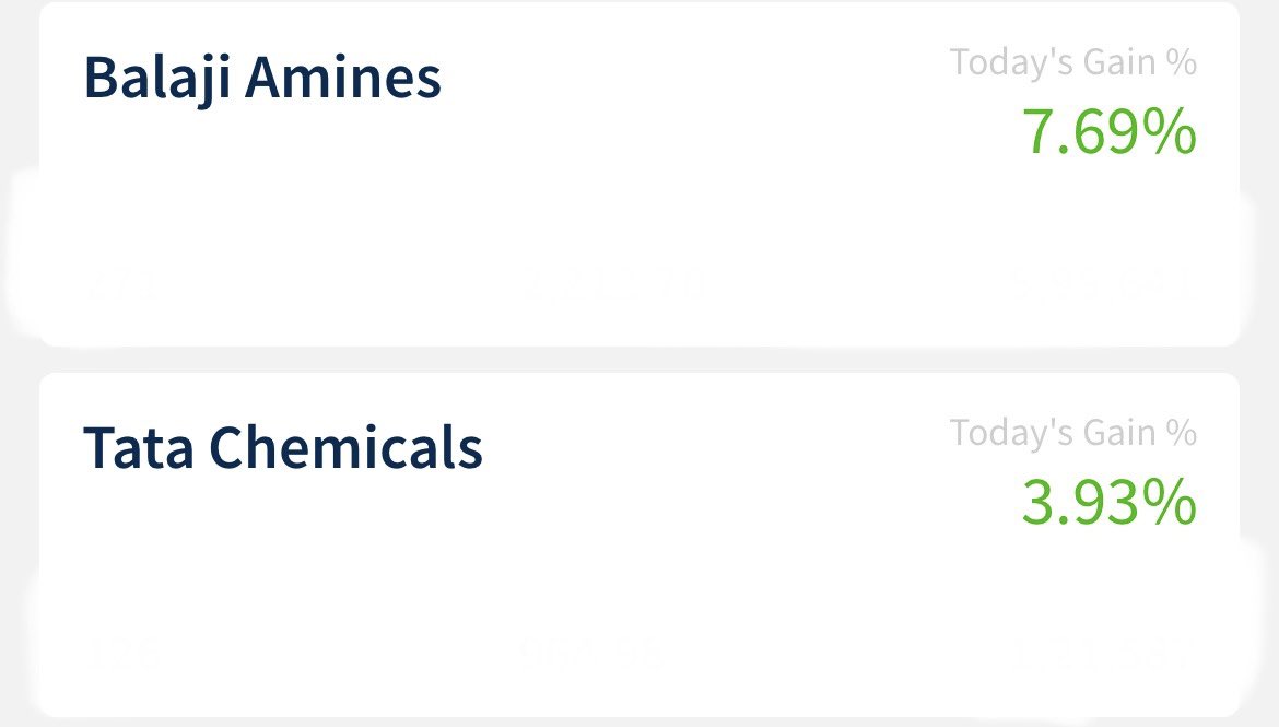 Excellent move in the portfolio today … #BALAJIAMINES & #TATACHEMICALS 

#Chemicals took a flight ✈️ 

#Investing