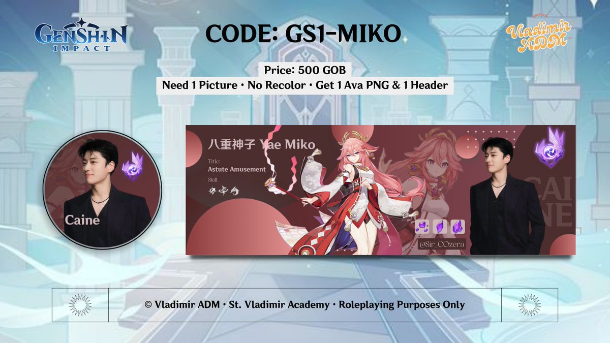 ㅤ
Nextt mari kita reveal profile needs edisi Genshin. Yang pertama ada layout single yang super cakep dari Papa <a href="/Sir_COzera/">Caine</a>. Kebetulan untuk sampel layout kita ambilnya dari Top 4 Karakter request-an kalian lho 👀. Yang pilih beliau-beliau wajib beli ya?? (menodong) /heh.
ㅤ