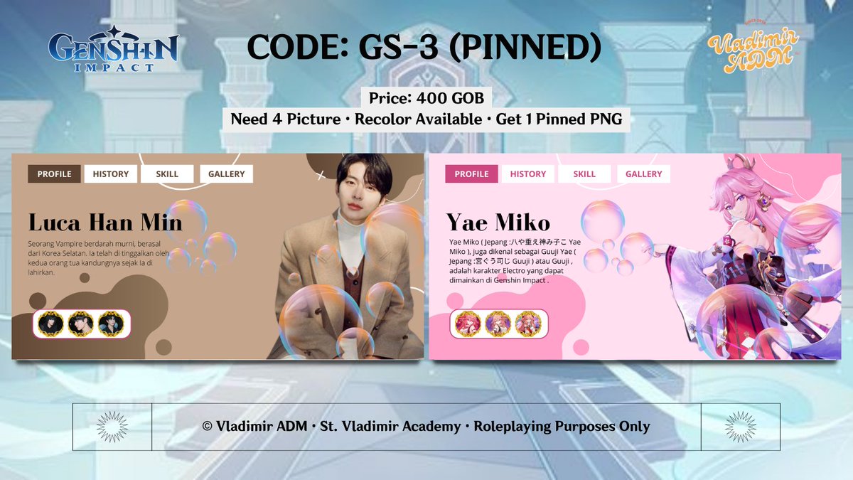 ㅤ
Dan terakhir untuk profneeds edisi genshin ini yaitu Pinned simple nan cakep dan gemas dari Kakak @LUCAHANMIN. Bisa rikues mau versi manusia atau karakter genshin juga lho~ 
ㅤ