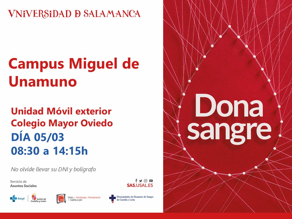 🩸Continúa la campaña de donación de sangre del mes de marzo en la Universidad de Salamanca.  

🕘De 9:30 a 14:15 horas
📍Campus Miguel de Unamuno (Unidad móvil frente al <a href="/CM_Oviedo/">Colegio Mayor de Oviedo</a>)

👉sas.usal.es/donacion-de-sa…

Puntos fijos de donación: sas.usal.es/hazte-donante/