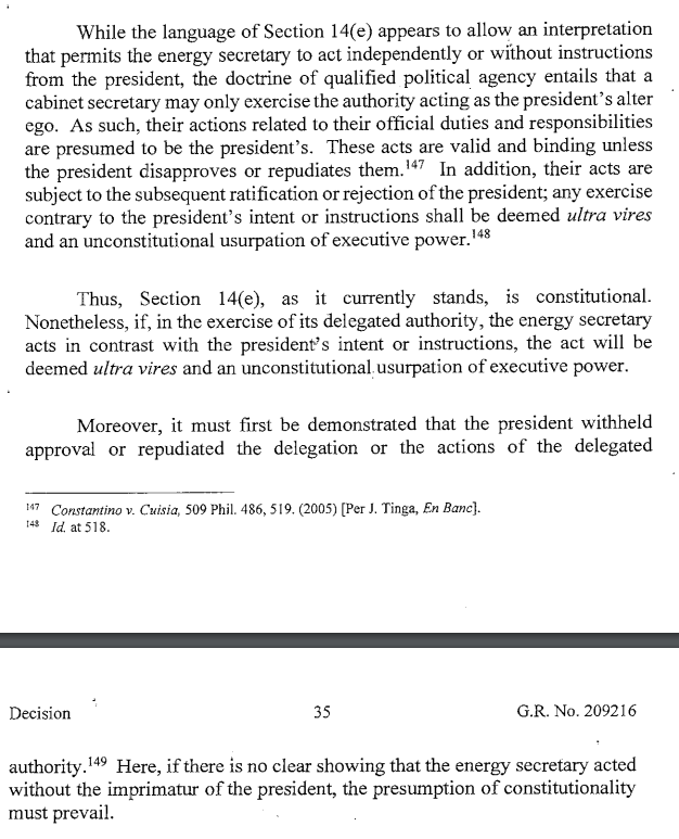 ohlistic's tweet photo. SC: takeover power under Art. XII, S17, Const, may be delegated by Congress to Dept. of Energy, on premise of qualified political agency even if Const specifically names only the President as grantee of that power.  However, if Sec. acts w/o presidential imprimatur, ultra vires. https://t.co/9BnsDVyf9n
