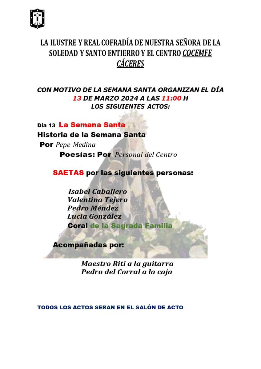 #Voluntariado

El #13Marzo tendremos la actividad de #SemanaSantaDeCáceres con la colaboración de la Ilustre y Real Cofradía de la Soledad y del Santo Entierro de Cáceres.

#CAPACITATEXI está financiado por la Consejería de Sanidad y Servicios Sociales de la Junta de Extremadura.