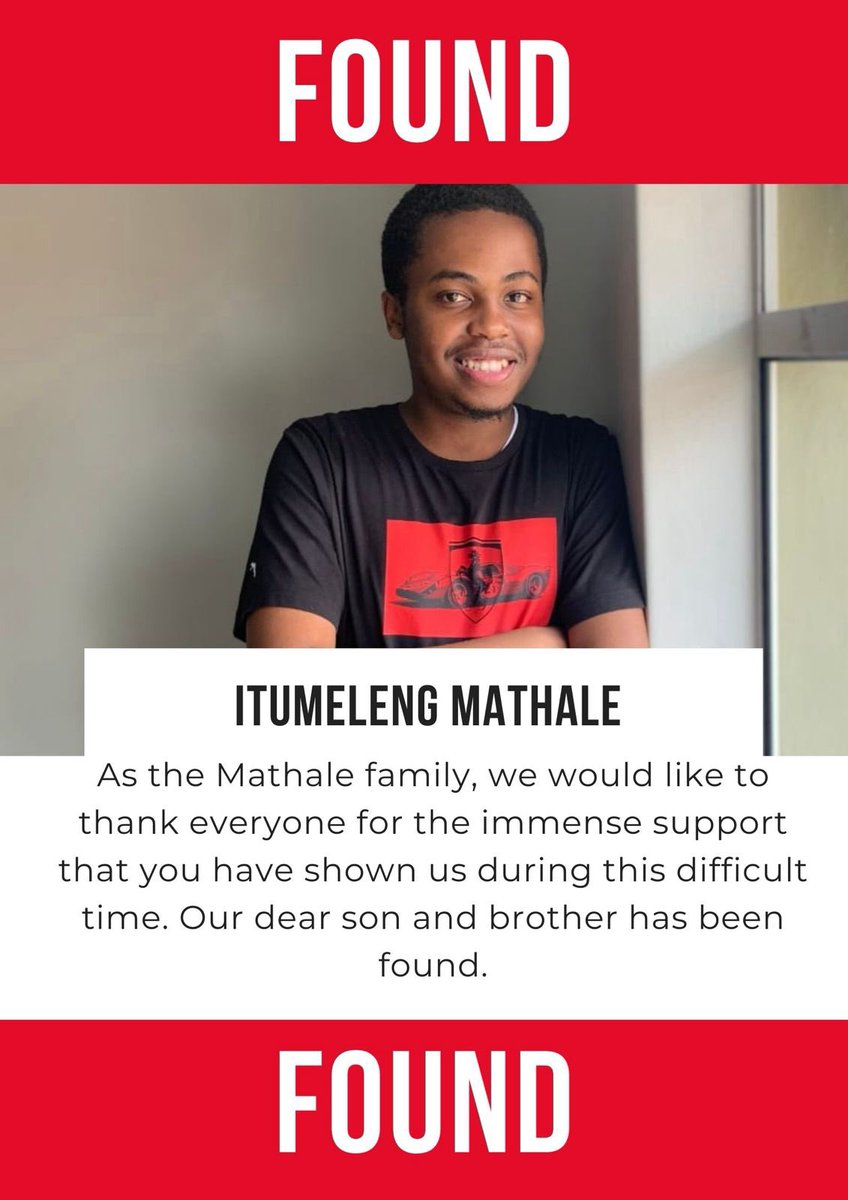Mokgadi_Mathale's tweet photo. Thank you to everyone for spreading the word and for the support, our brother has been found 🙏🏾 https://t.co/6ihY3YeAmn