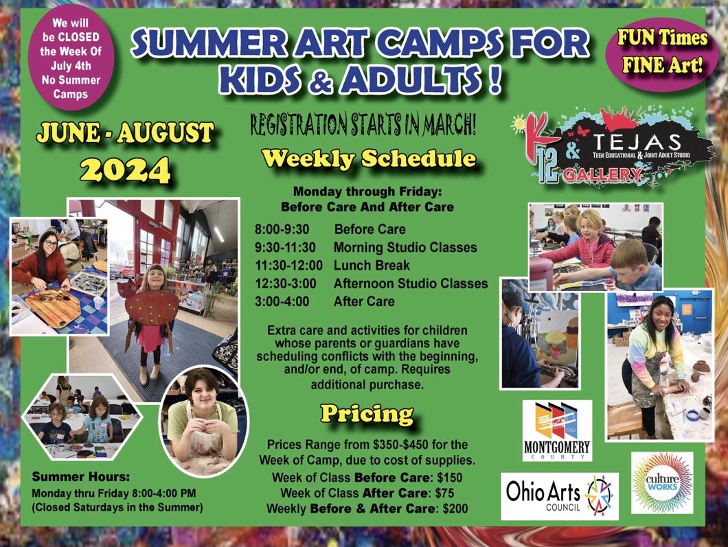 DPapetti26987's tweet image. G👀D NEWS! “Open Enrollments” for Summer Camp are N🤩W Available online on our website! Sign Up Now.. Pick your SP🎨T, while they are  H🔥T .. Our Classes fill up quickly! 
Click on Link Below 👇…
k12tejasgallery.org/summer-art-cam…

#artclassesindaytonohio
#kidssummercamp
#summerartclasses