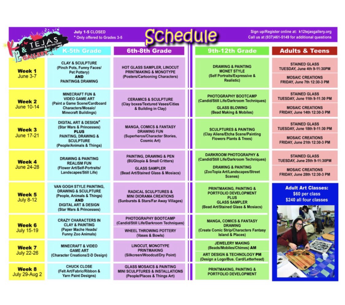 DPapetti26987's tweet image. G👀D NEWS! “Open Enrollments” for Summer Camp are N🤩W Available online on our website! Sign Up Now.. Pick your SP🎨T, while they are  H🔥T .. Our Classes fill up quickly! 
Click on Link Below 👇…
k12tejasgallery.org/summer-art-cam…

#artclassesindaytonohio
#kidssummercamp
#summerartclasses